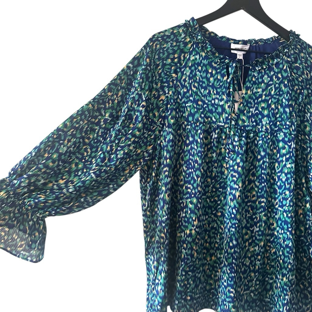 AnnieWear Los Angeles Boho Chiffon Blouse L Blue Green Ikat Ruffle Sleeve - Picture 3 of 10